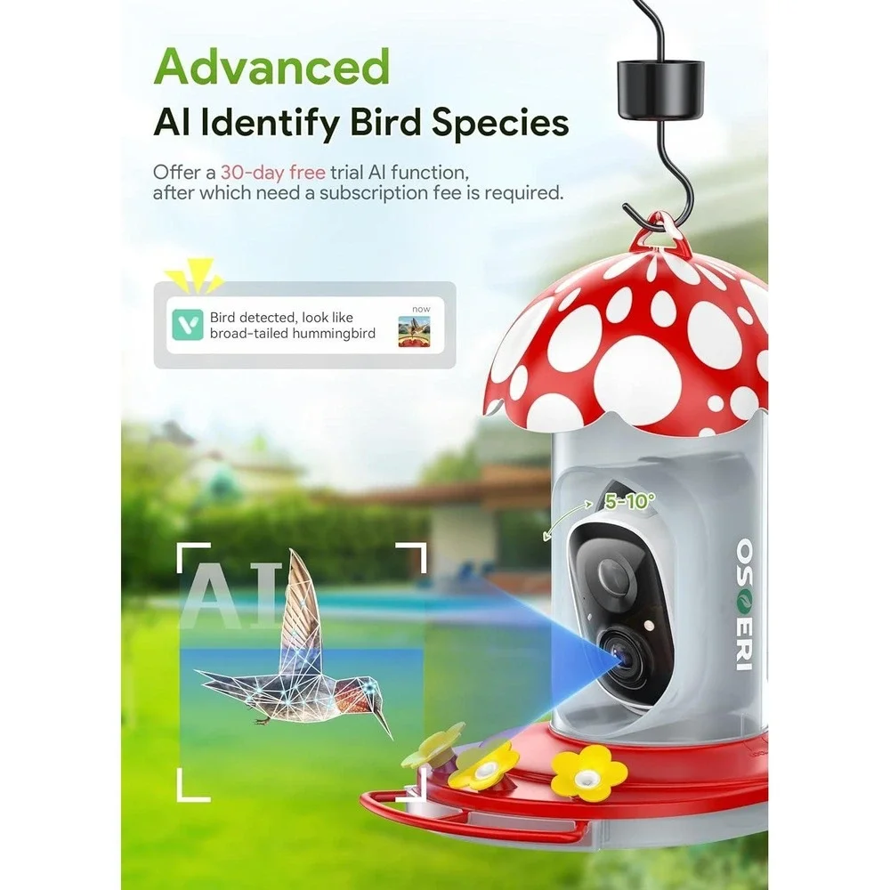 Osoeri OS-BC03 Hummingbird Feeder with Camera, 2K HD AI Identify Solar Bird Fee